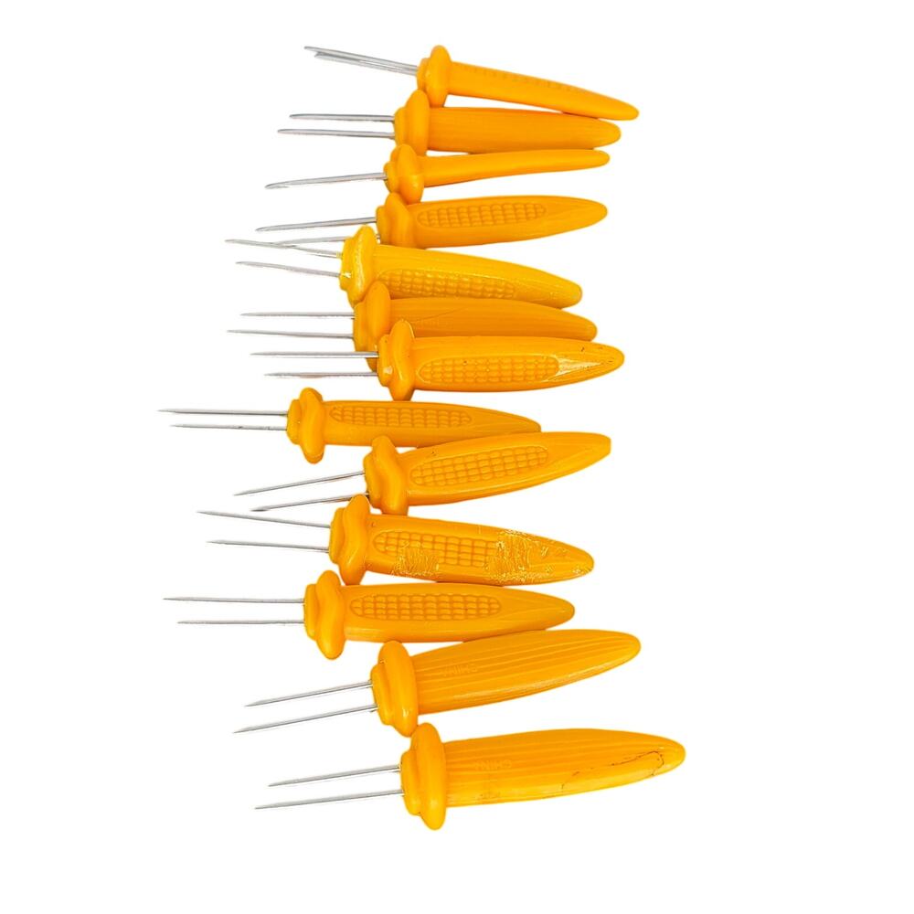 Lot of 13 Vintage Yellow Corn On The Cob Holders Skewers Metal Forks Plastic Vtg